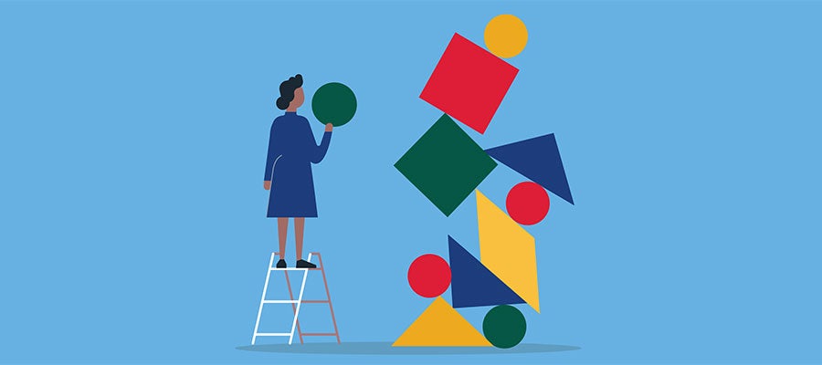 illustration of woman on ladder trying to build geometric tower