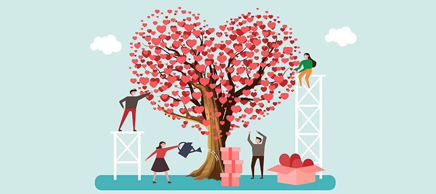 illustration of people tending a heart tree