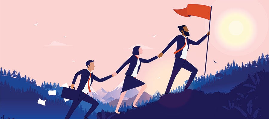 illustration of business people helping each other up a mountain