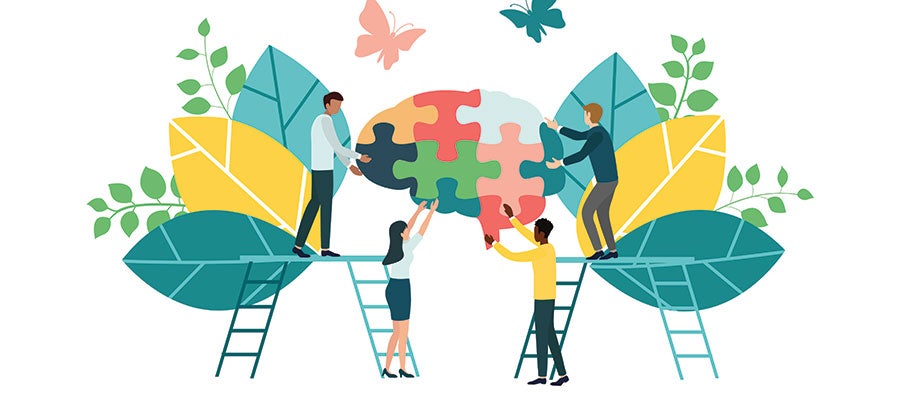 Illustration of people working together to build a healthy brain