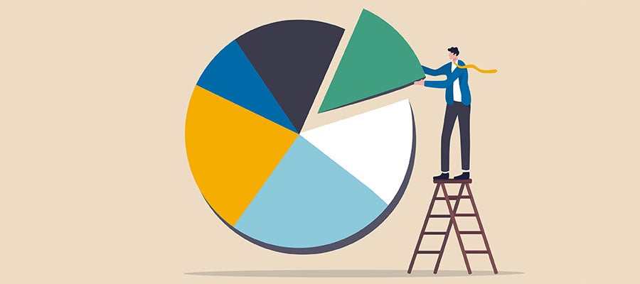 illustration of business person taking piece of pie chart