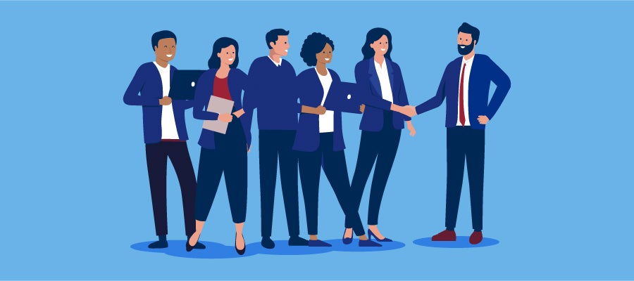 group of businesspeople welcoming a new person shaking hands