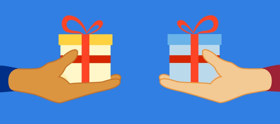 illustration of two hands offering each other gifts