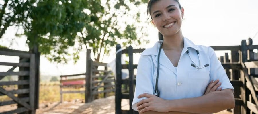 A nurse with a stethoscope around her neck stands against a fence on a rural farm.
