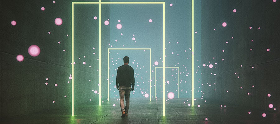 Photo illustration of man walking into future space doorways