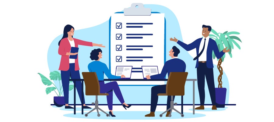 illustration of business people with big clipboard checklist