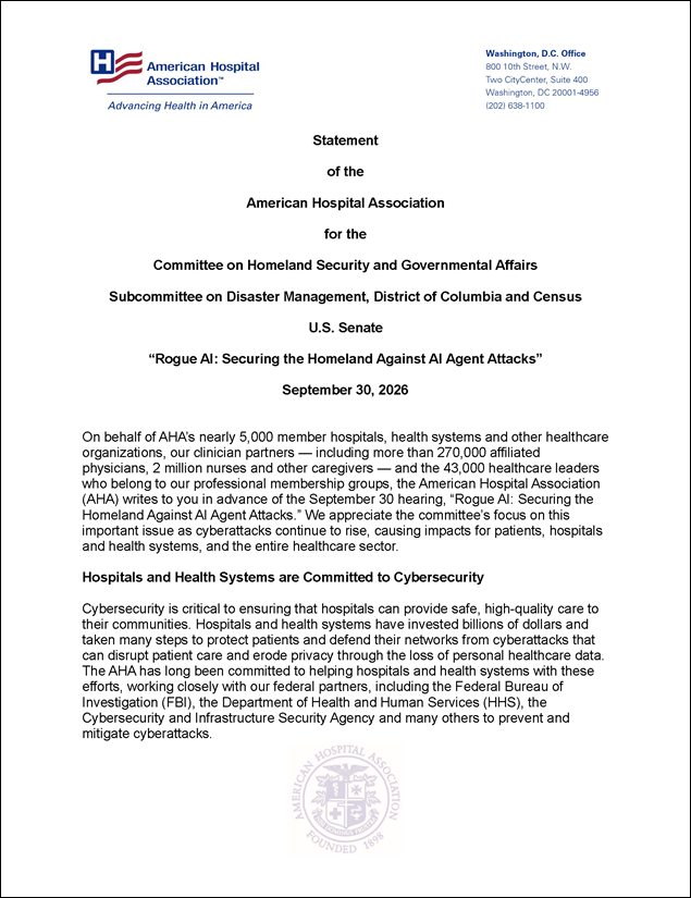 Download the AHA Senate Statement on Rogue AI: Securing the Homeland Against AI Agent Attacks” Cover.