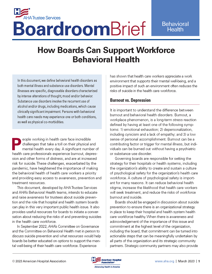 Boardroom Brief: How Boards Can Support Workforce Behavioral Health page 1.