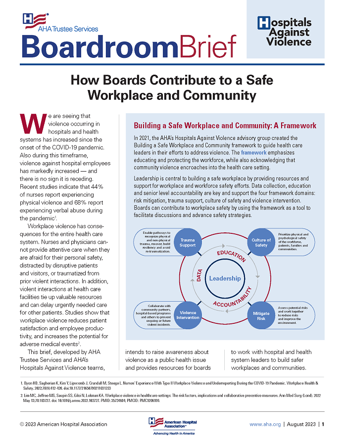 Boardroom Brief: How Boards Contribute to a Safe Workplace and Community page 1.