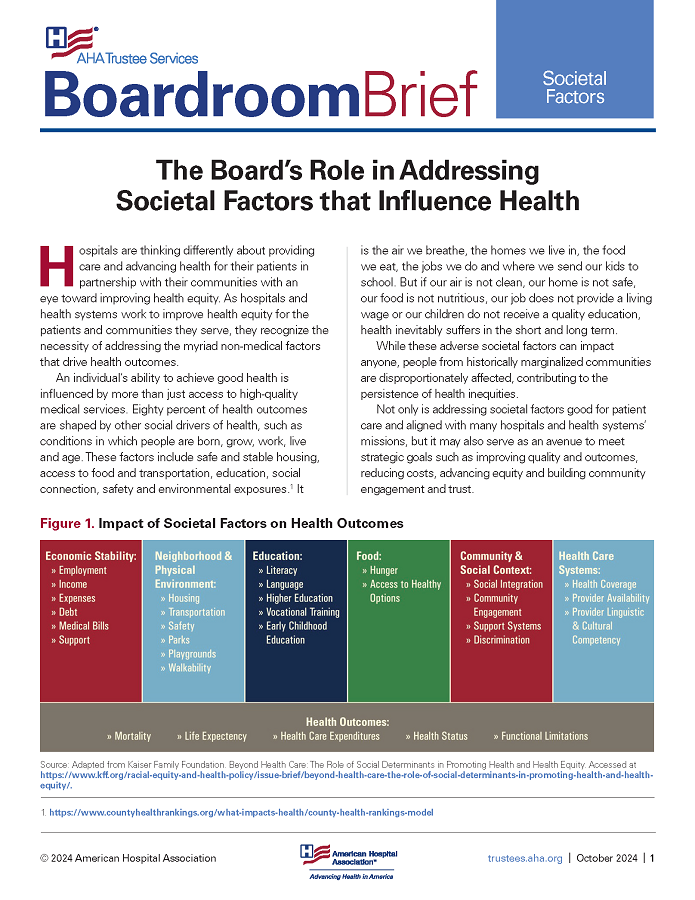 Board Brief: The Board’s Role in Addressing Societal Factors that Influence Health page 1.