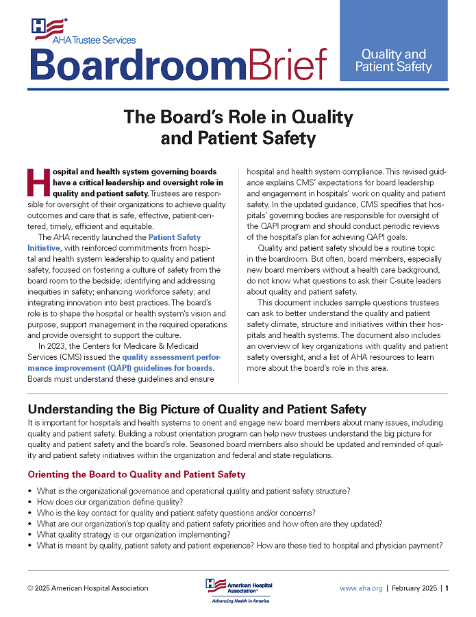 Boardroom Brief: The Board’s Role in Quality and Patient Safety page 1.