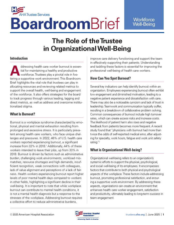 Boardroom Brief: The Role of the Trustee in Organizational Well-Being page 1.