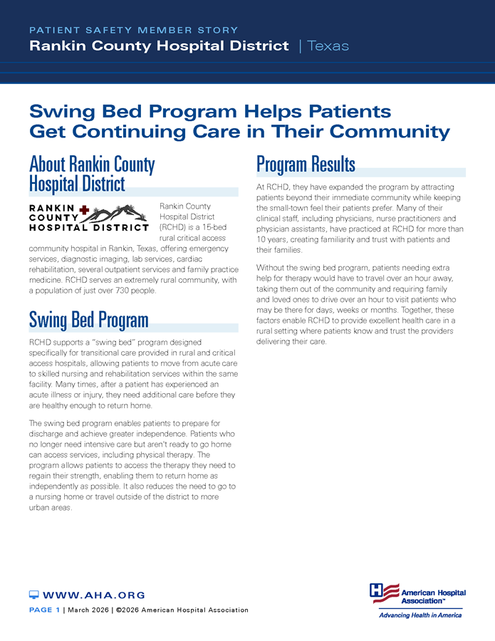 Patient Safety Member Story: Rankin County Hospital District | Texas: Swing Bed Program Helps Patients Get Continuing Care in Their Community