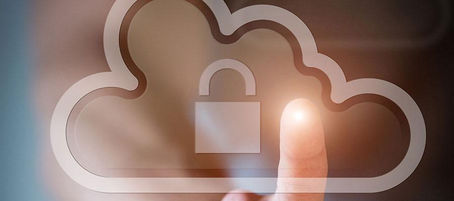 Cybersecurity lock in cloud with finger tapping on it.