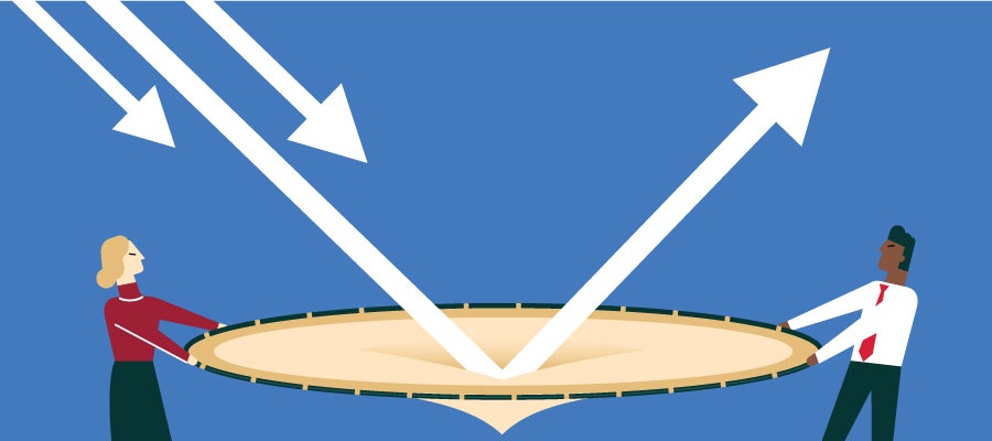 illustration of arrows bouncing up off a trampoline held by businesspeople